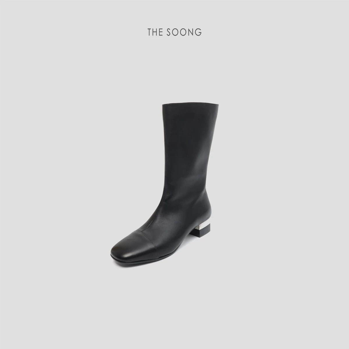 THESOONG/ First layer goat leather tall boots for women, chunky heel, mid-calf style, vintage black autumn HWXZ7734
