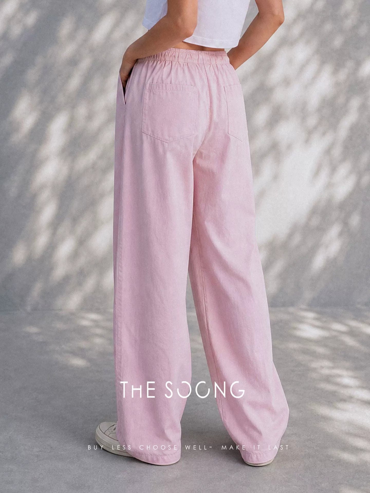 THESOONG/Lazy Relaxed Summer 100% Cotton Washed Faded Elastic Waist Wide-Leg Pants for Women 8905