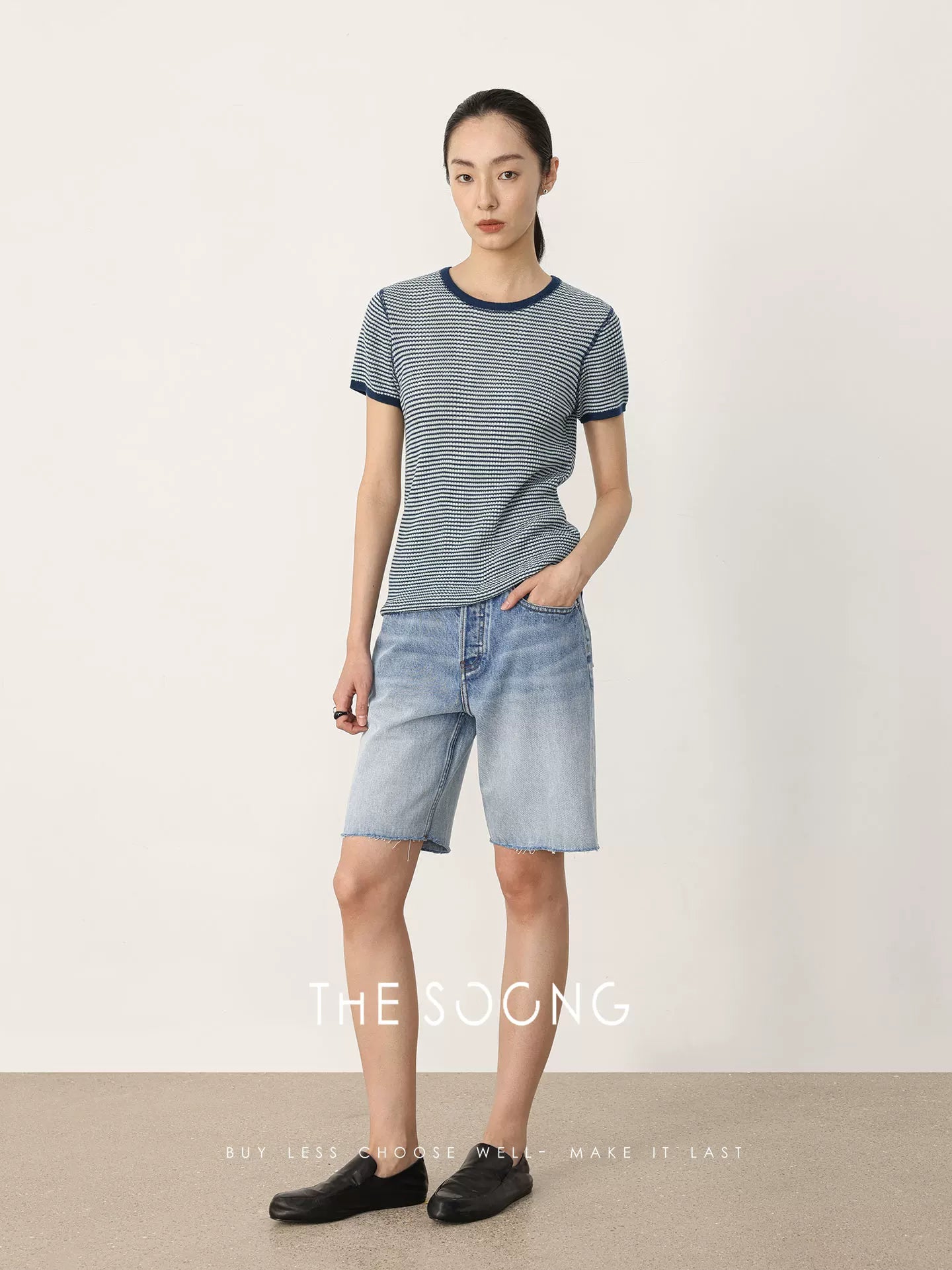 THESOONG/Classic Striped T Wool Rib Textured Color-Blocked Woven 3D T-Shirt Top HWTX8493