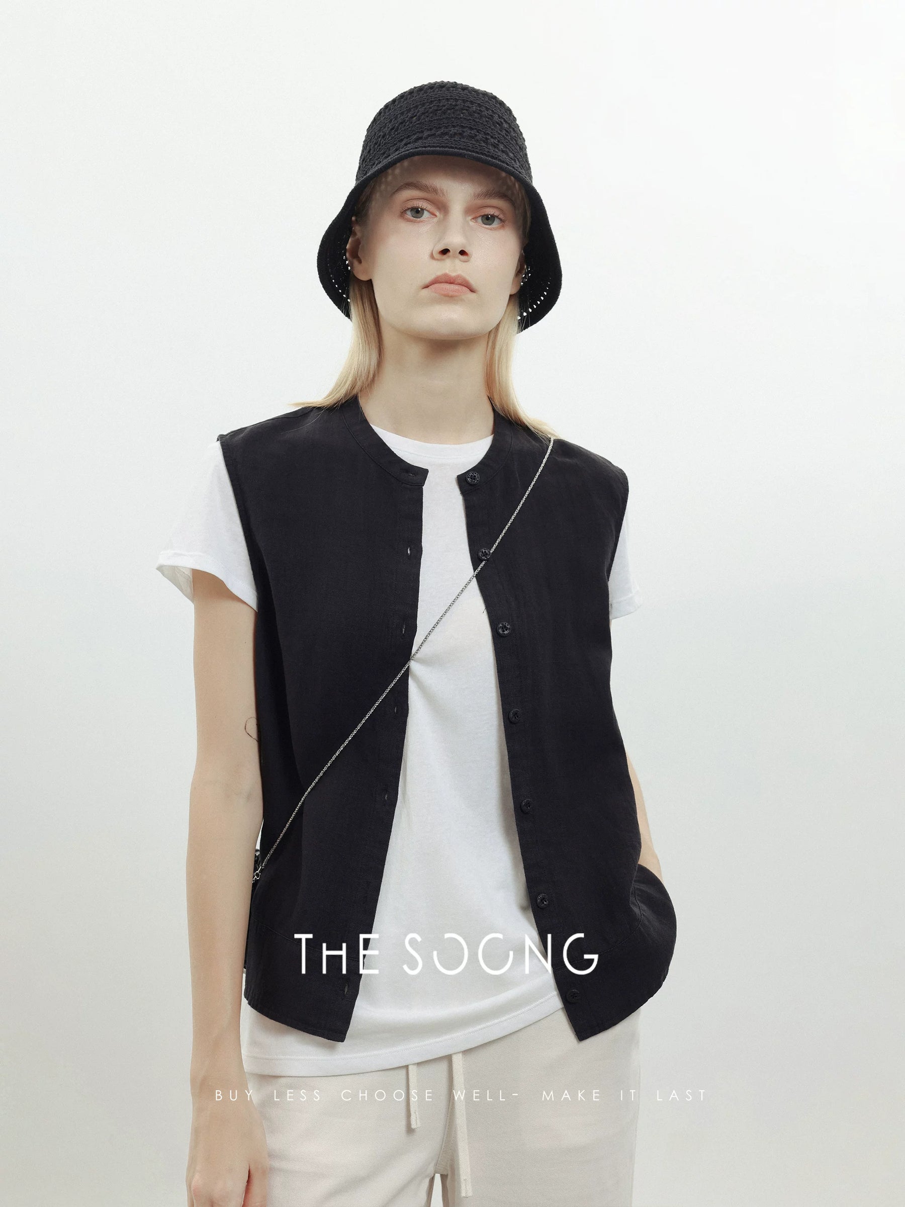 THESOONG / High-End Hemp Fabric Washed Soft Thin Vest Outerwear Layering Cardigan Vest
