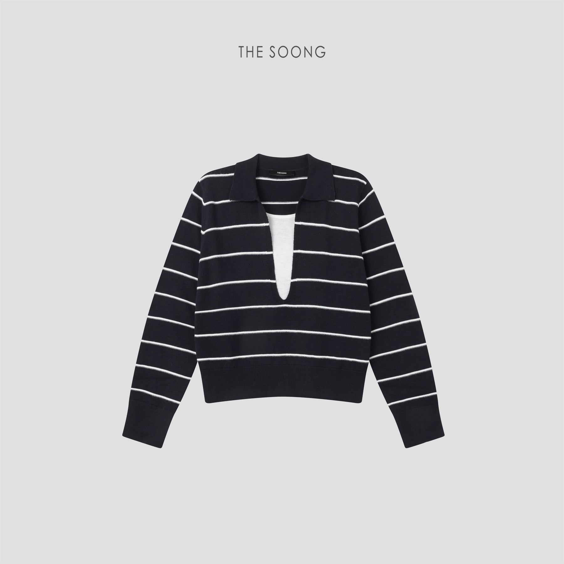 THESOONG/Flexible texture 48-count wool blend striped fake two-piece V-neck sweater 8389