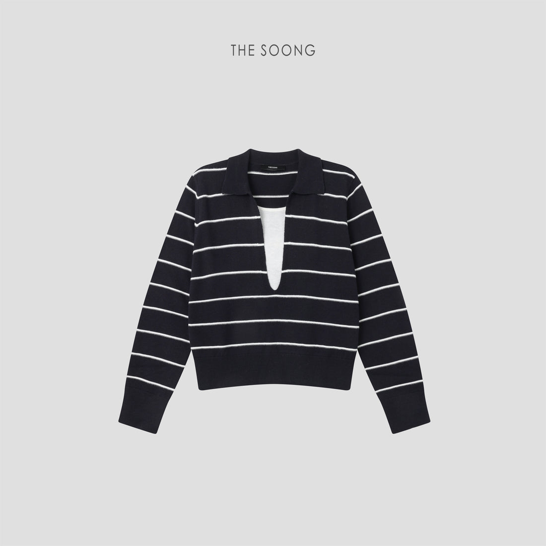 THESOONG/Flexible texture 48-count wool blend striped fake two-piece V-neck sweater 8389