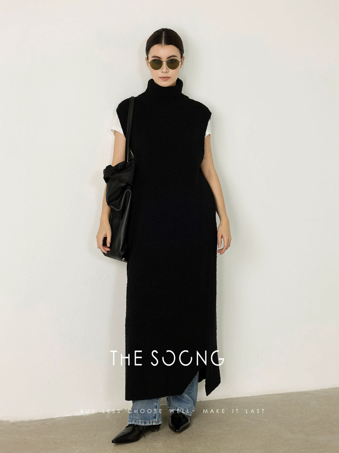 THESOONG/Autumn and Winter 100% Cotton Sleeveless Knit Dress Textured Mid-Length High-Neck Long Dress 7764