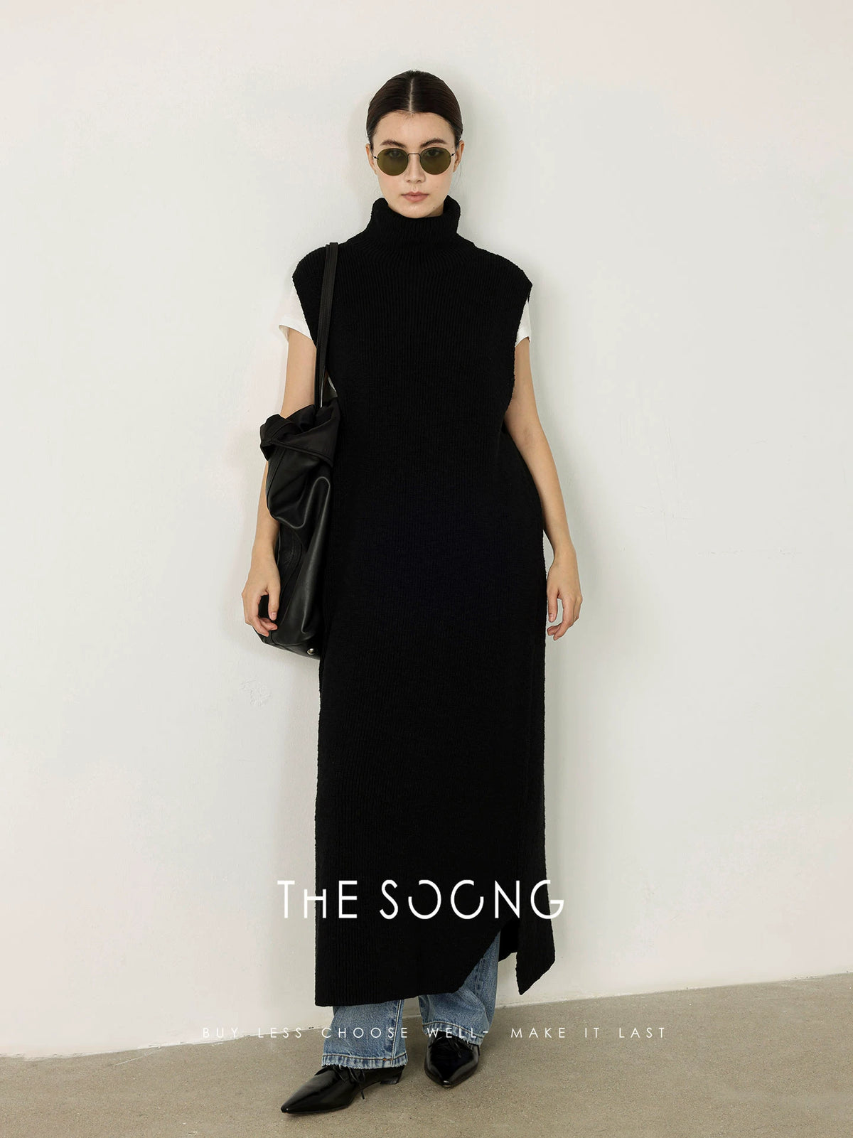 THESOONG/Autumn and Winter 100% Cotton Sleeveless Knit Dress Textured Mid-Length High-Neck Long Dress 7764