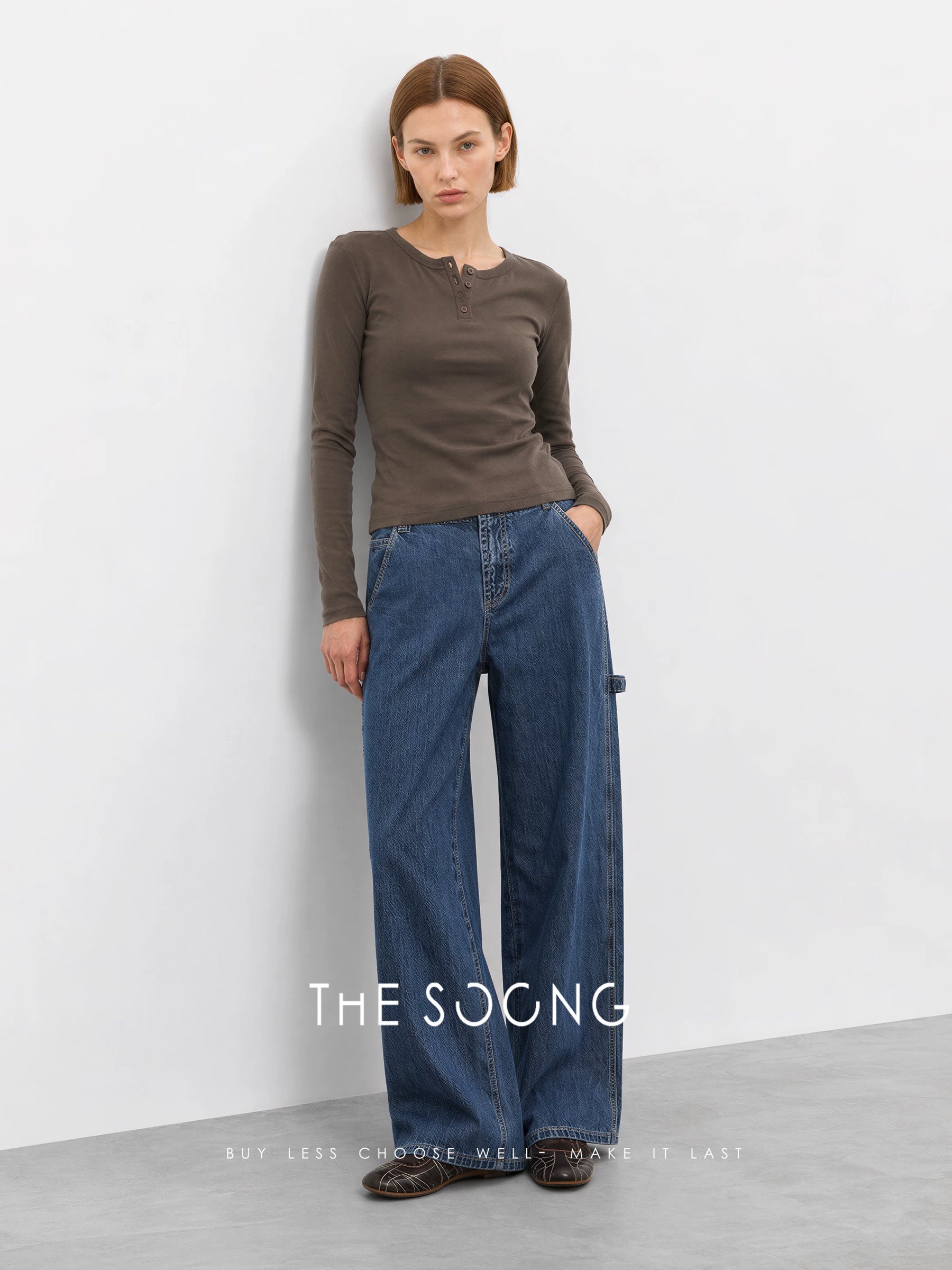 THESOONG/Simple Henry Early Autumn New Classic Basic Henry Neck Long Sleeve Top for Women 9436