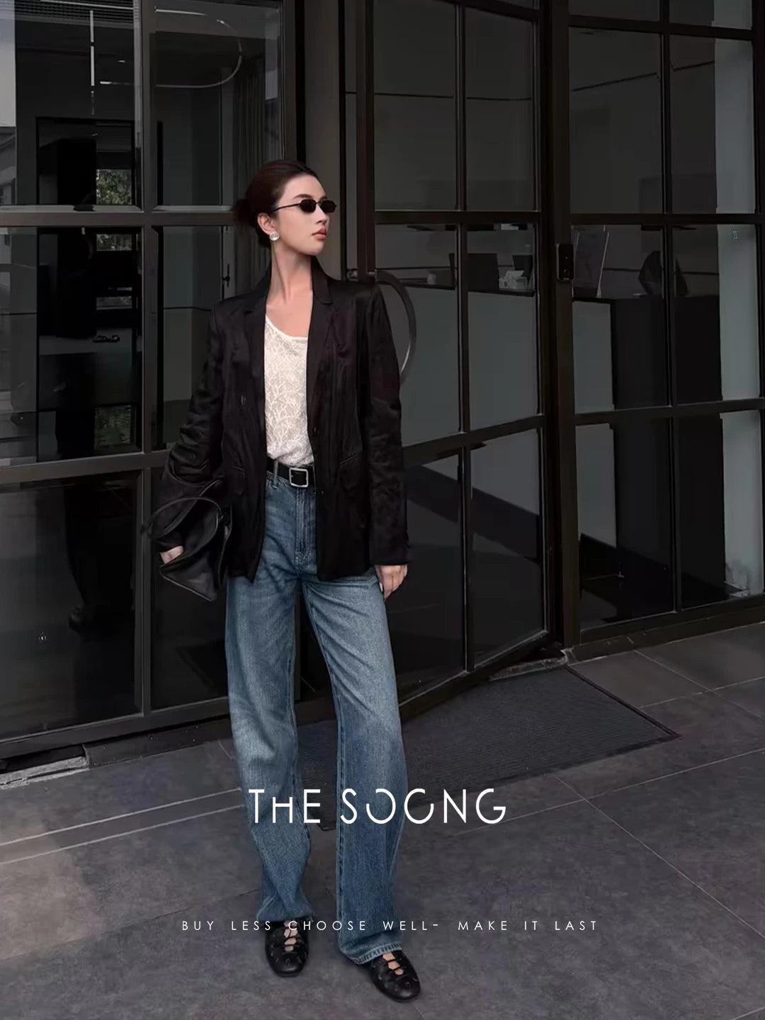 THESOONG/慵懒廓形 重磅意制自然褶皱女士黑色小西装外套8636