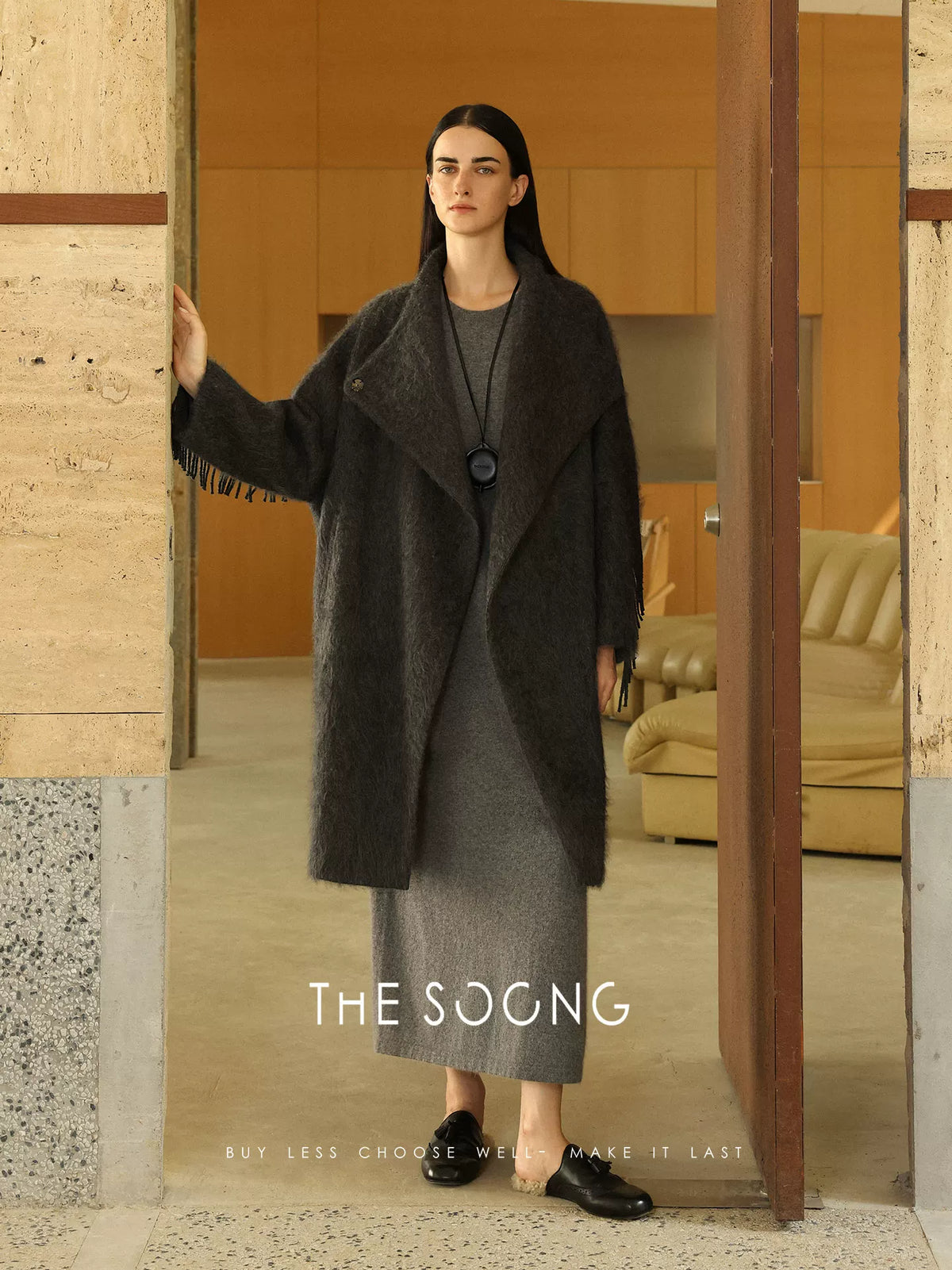 THESOONG/Sheepskin Three-quarter Sleeve Minimalist Lazy Stylish Structured T-Shirt Dress Mid-Length Loose 7510