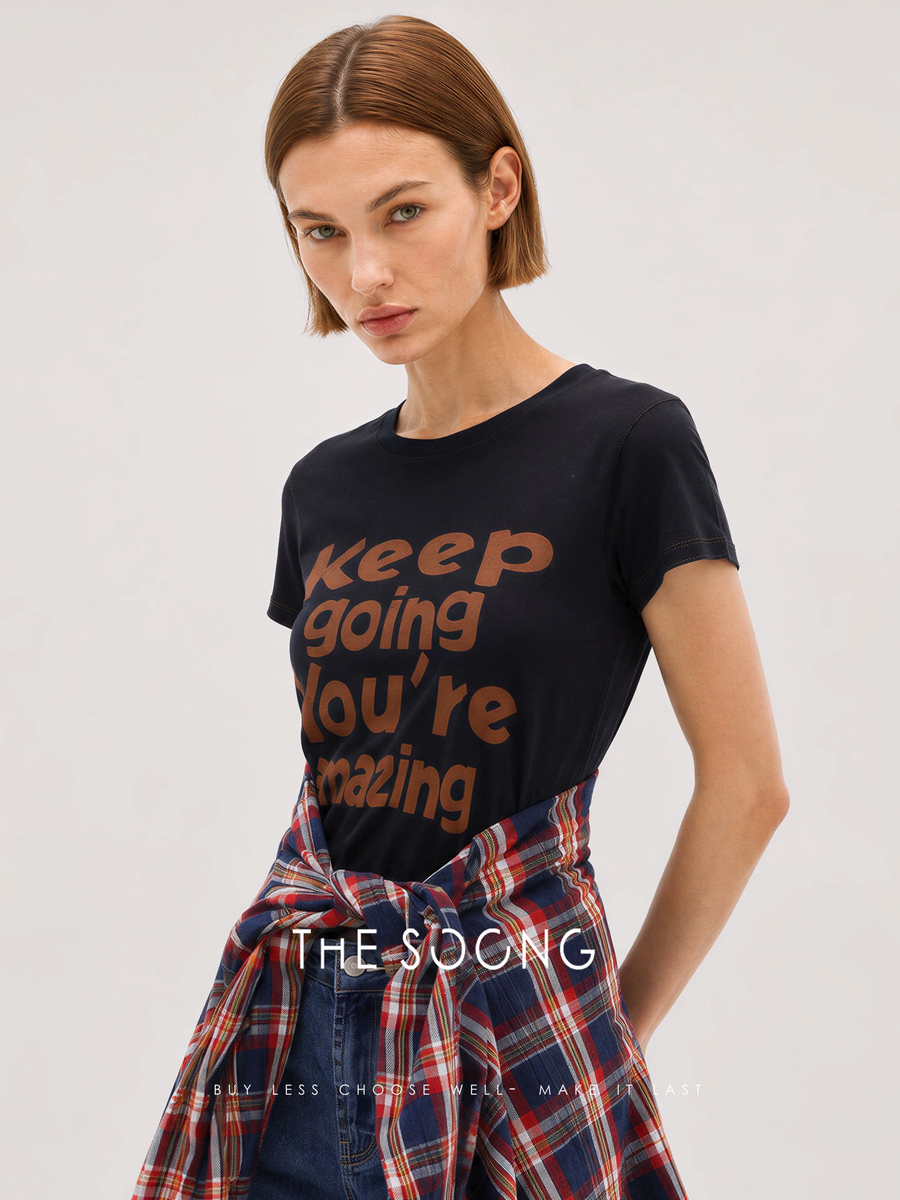 THESOONG/Relaxed Statement Cotton-linen blend color-contrast topstitched short round-neck T-shirt 8807