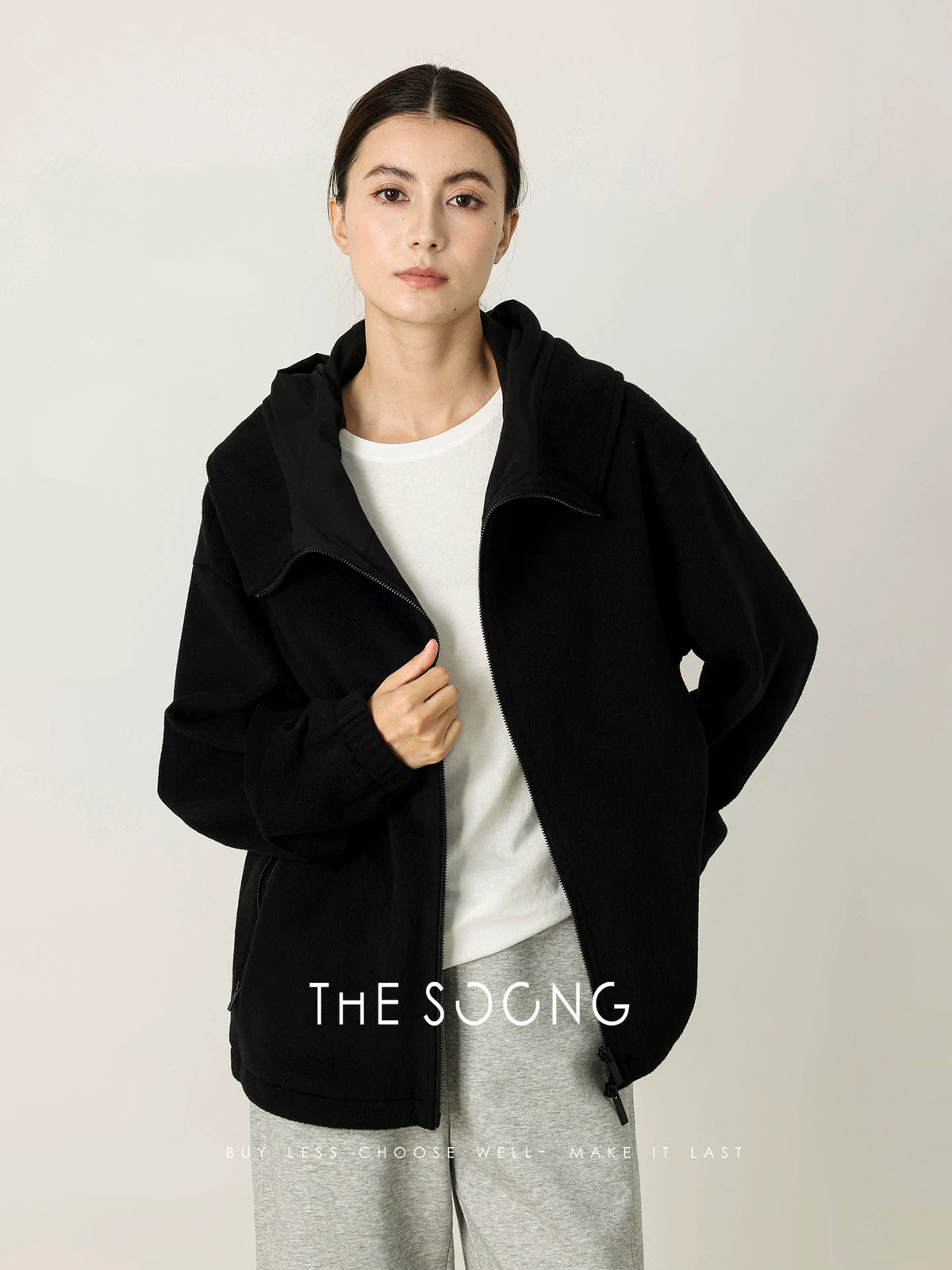 THESOONG/Wool Mulberry Silk Autumn/Winter Thick Slim Fit Plush Warm Hooded Sweatshirt Jacket for Women 7548