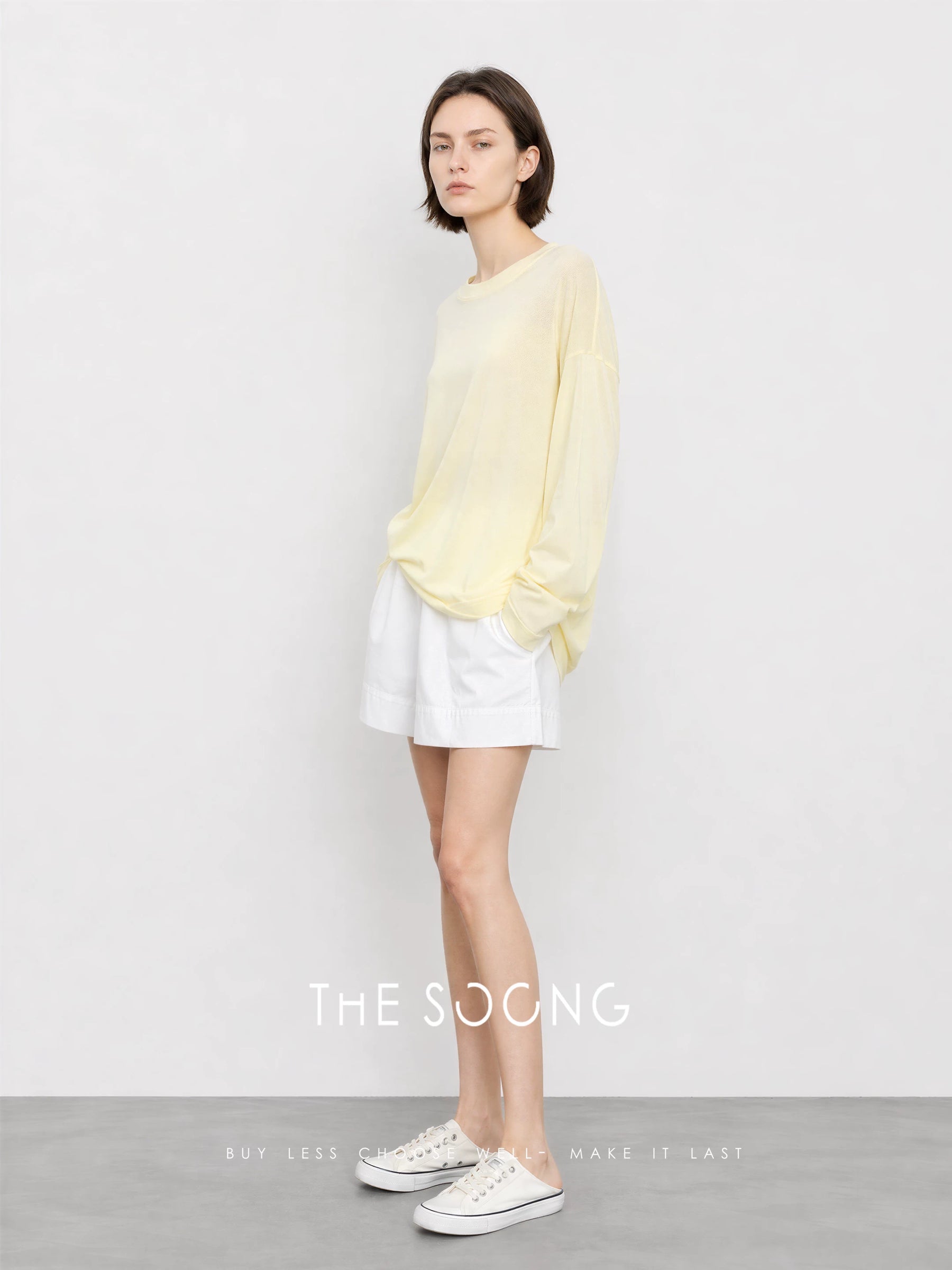 THESOONG/Cocoon T Simple Basic 100% Paper-Feel Cotton Round Neck Loose Solid Long Sleeve T-Shirt for Women 8819