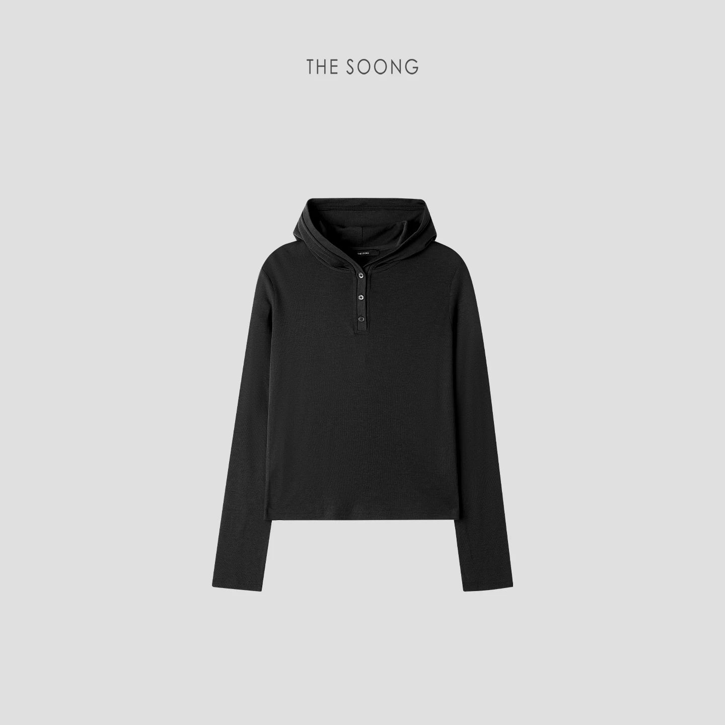 THESOONG/Autumn and Winter Lightweight 100% Pure Wool Classic Henley Collar Black Hoodie Long Sleeve Base Shirt 7430