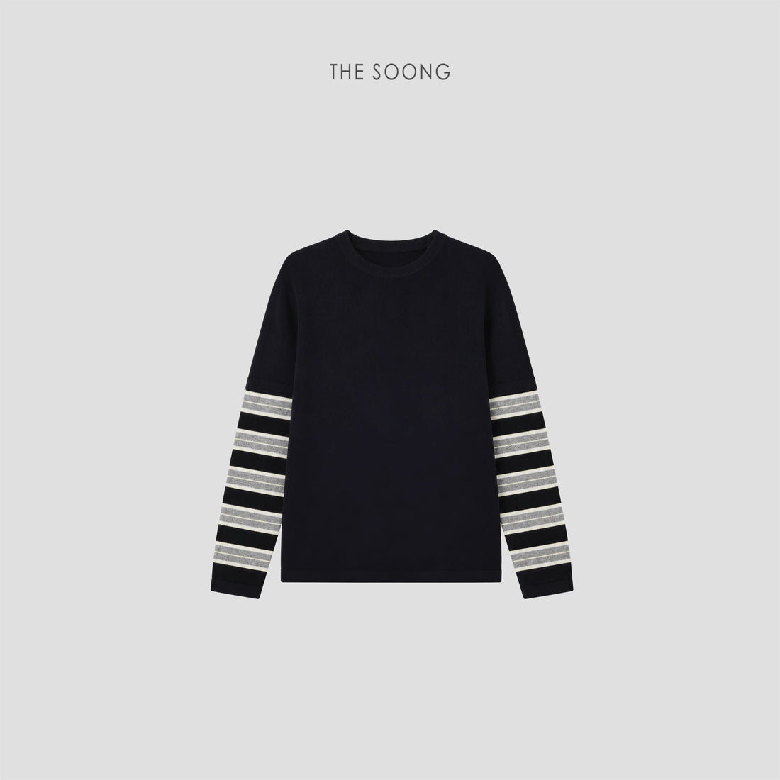 THESOONG/Twilight Blue Layer 100% Australian Merino Wool Crew Neck Loose Two-in-One Look Striped Sweater for Women 9246