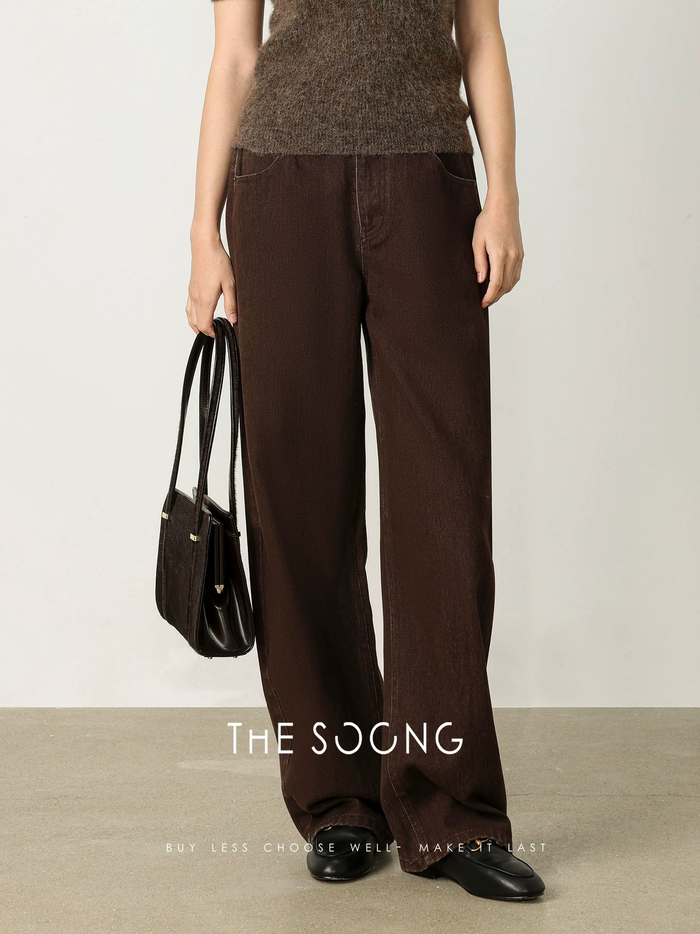 THESOONG/Spring new high-density twill jeans retro loose wide-leg straight long pants for women 7559