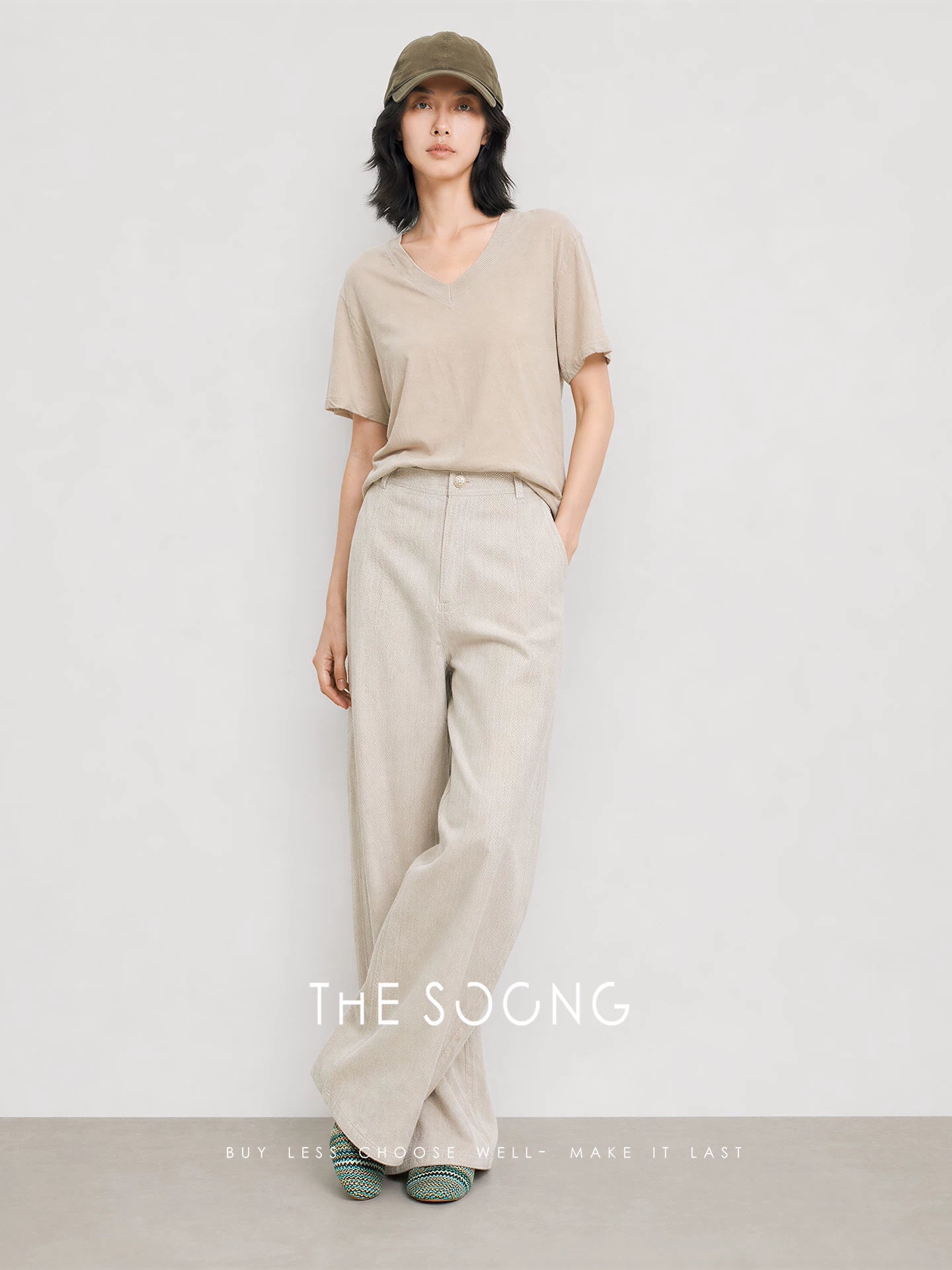 THESOONG/Neat aesthetics spring-summer women's hemp-cotton structured non-stretch mid-waist casual pants 8277