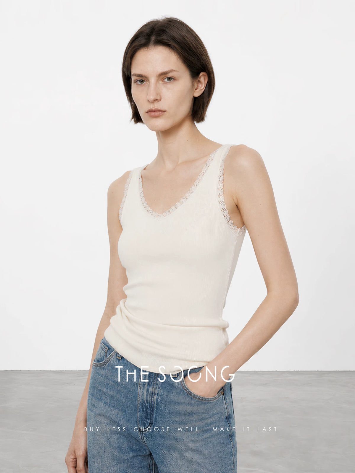 THESOONG/Lyocell Mulberry V-neck Fixed-Dye Lace Lace Groove Knit Camisole for Women 9404