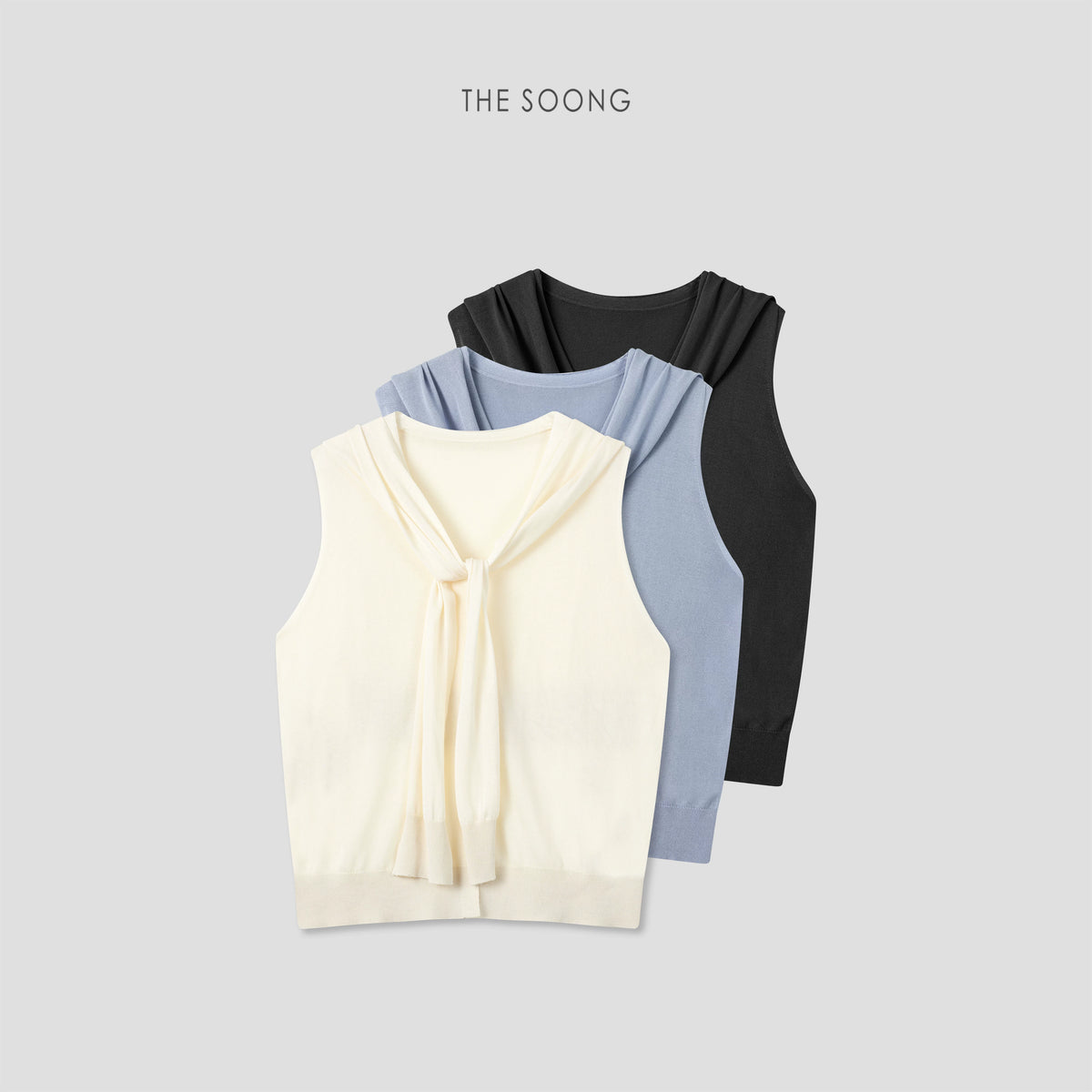THESOONG/'Hazy Slightly Transparent' Acetate Tencel Fine Knit Sleeveless Vest and Shawl Two-Piece Set 9189