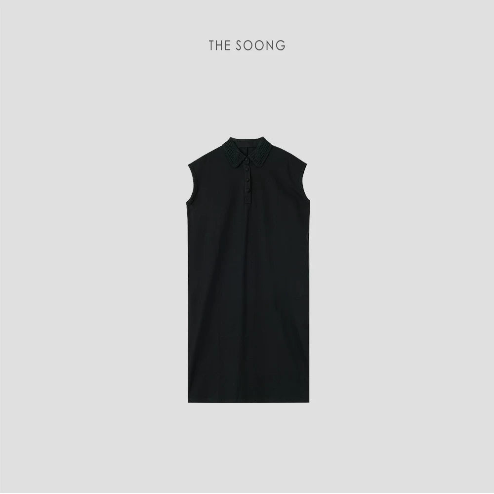 THESOONG/270g Pure Cotton Crochet Polo Collar Simple Dress for Women, Straight Loose Slim Fit HWQZ9330