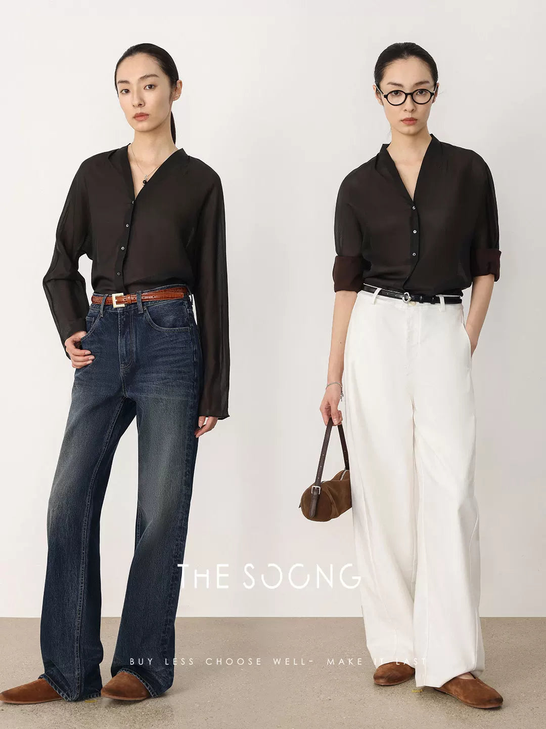 THESOONG / 100% mulberry silk long-sleeve shirt for women, slightly sheer, sexy, slim-fitting V-neck top HWCS8665