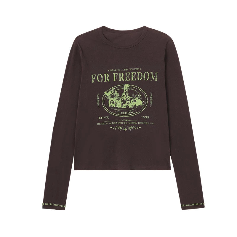 THESOONG/Spotted Dog FORFREEDOM Retro New 100% Cotton Cracked Long Sleeve T-Shirt for Women 9558