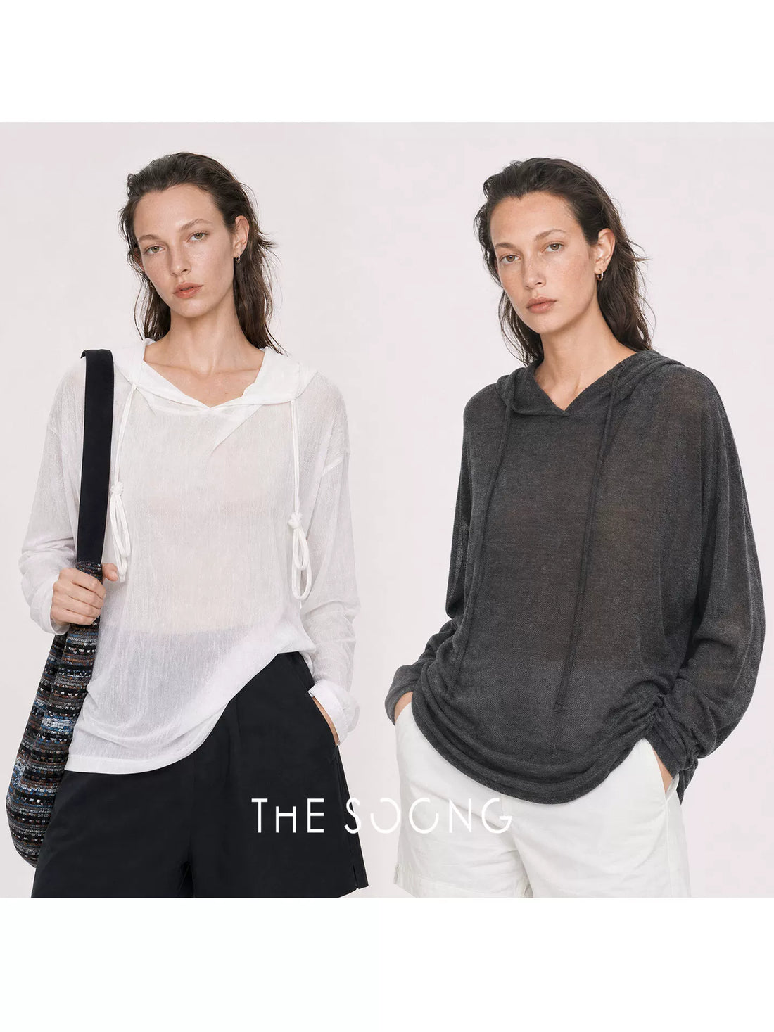 THESOONG/Relaxed Commuting Delicate Slightly Transparent Texture Loose Drop Shoulder Drawstring Slim Hooded Knitwear 9161