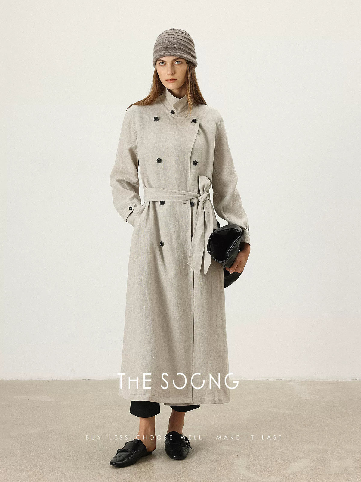 THESOONG/Elegant self-consistency pure natural linen quiet luxury skin-feel blazer-collar long trench coat for women 7193