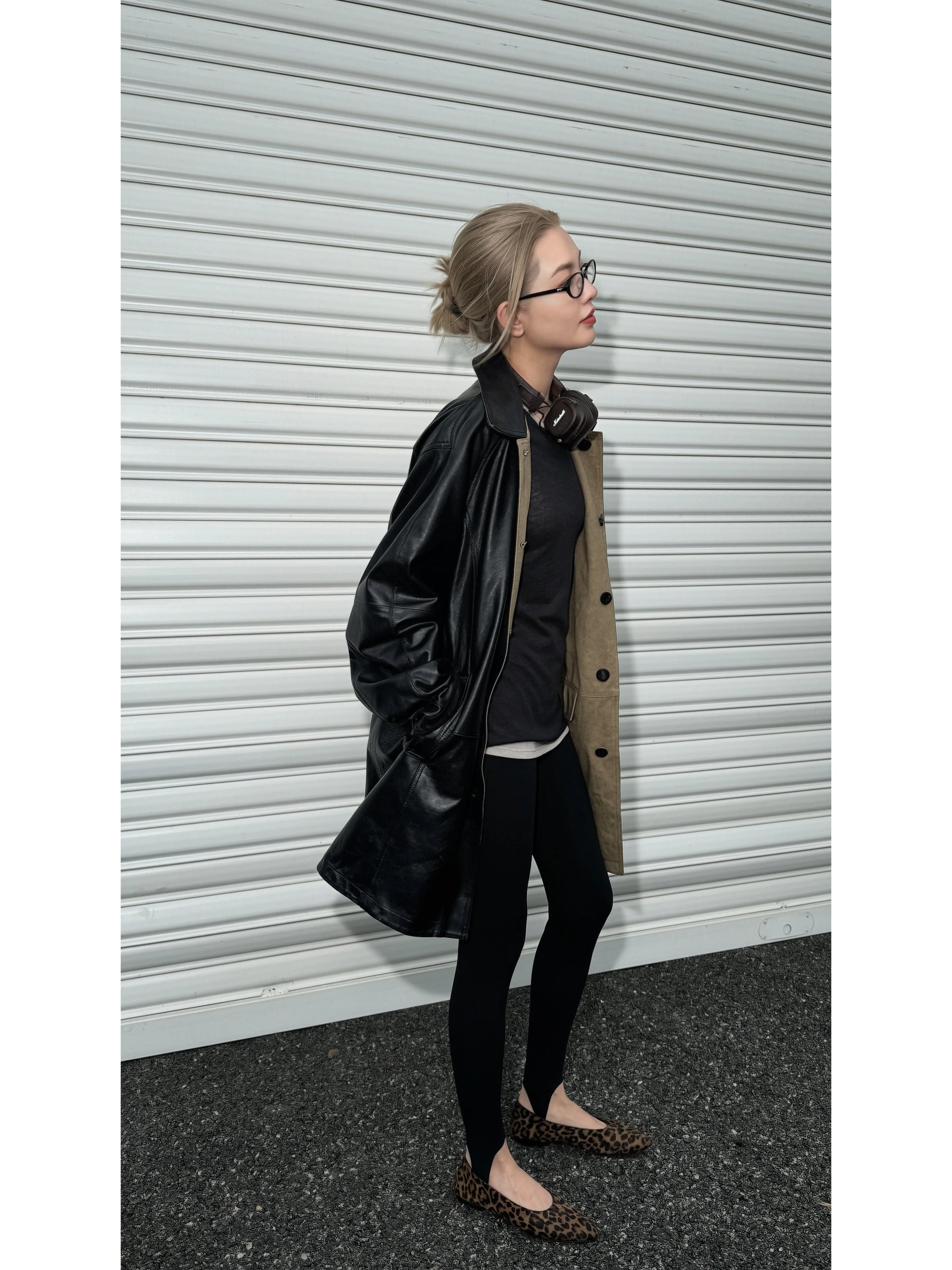 THESOONG/Double-Faced Leather Classic Retro 100% Lambskin Reversible Leather Trench Coat for Women 8640