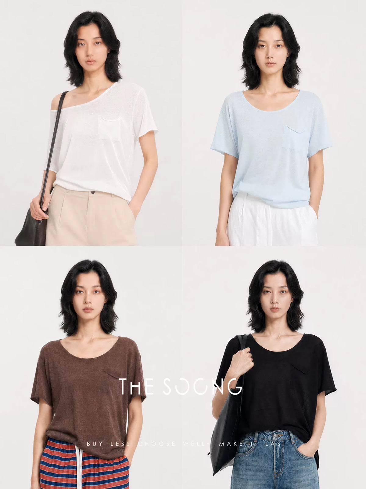 THESOONG/Lyocell Linen Blend Natural Rolled Edge Knit T-Shirt Women Summer Thin Short Sleeve HWTX9317