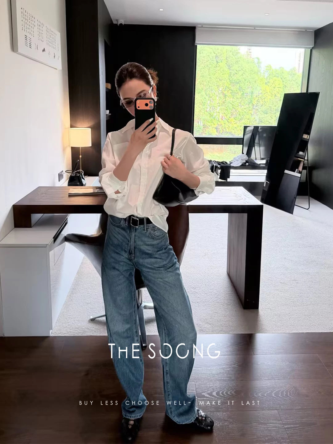 THESOONG/Minimalist Black and White Long Sleeve Shirt for Women 60S Cotton Soft Washed Collared Casual Top 7566