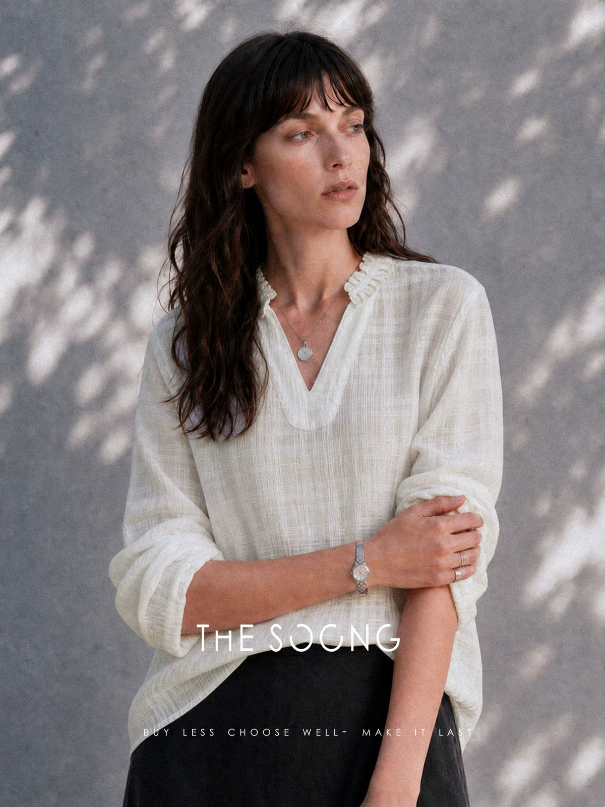 THESOONG/Soft Light Texture Tencel Linen Three-Dimensional Plaid Handmade Gathered V-Neck Long Sleeve Shirt for Women 8762