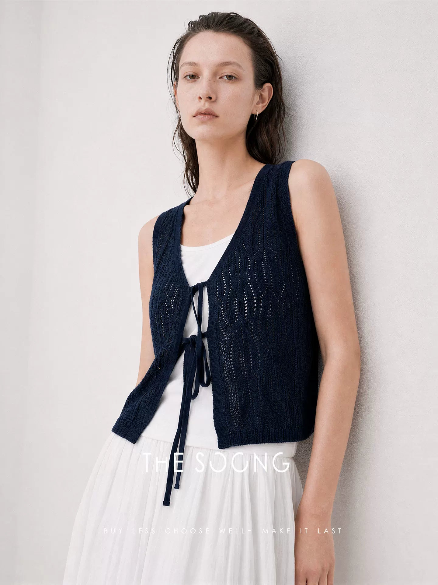 THESOONG / Island Stroll Breathable Skin-Friendly Navy Solid Loose Layered Knit Vest 9156