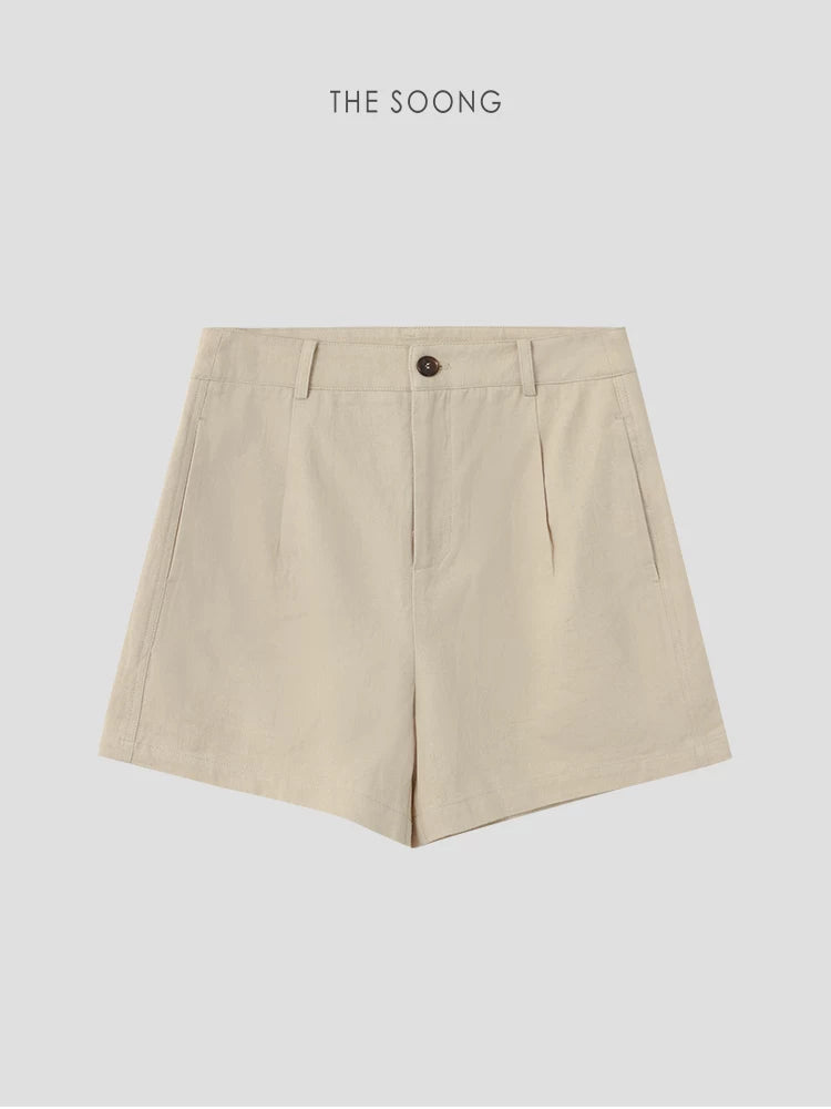 THESOONG/Linen Cotton Blend High-Waist A-Line Wide-Leg Summer Lightweight Slim Versatile Women's Shorts HWKZ9309