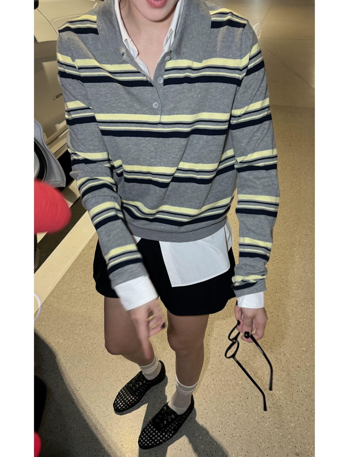 THESOONG / Lime striped polo shirt, 100% high-count twin yarn interwoven color pearl-pique top 9238
