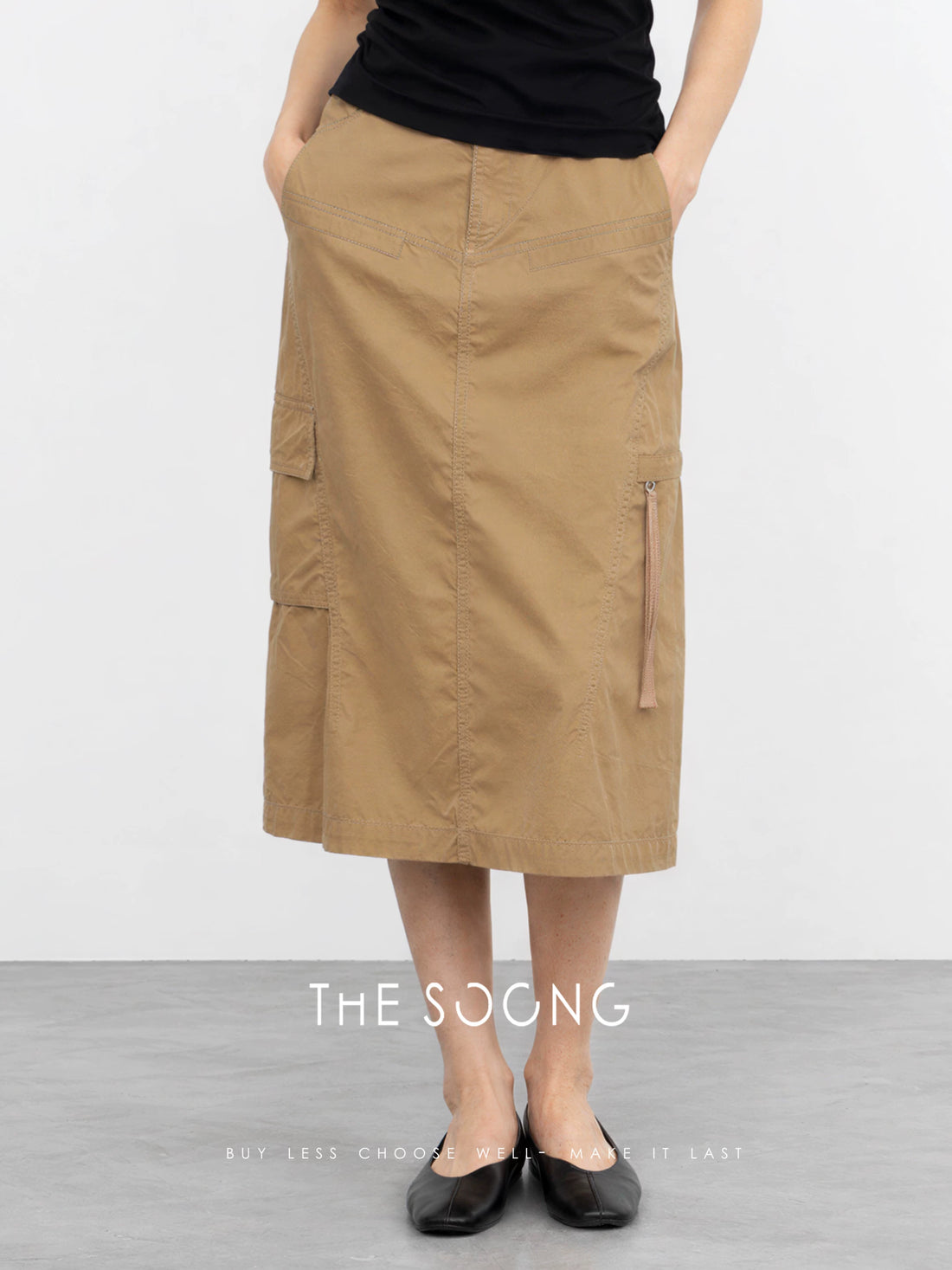 THESOONG/Soft Mist Workwear 100% Cotton Six-Pocket Functional Belted Mid-Length Straight Skirt 8957