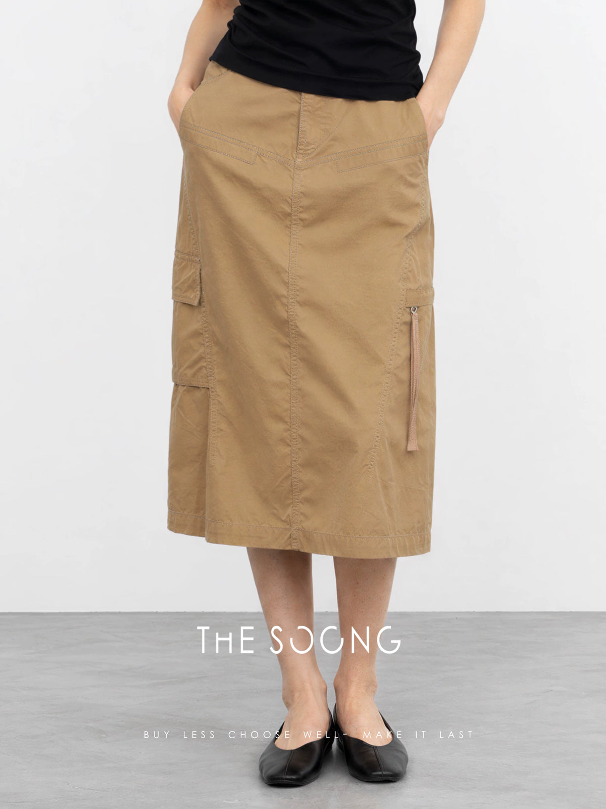 THESOONG/Soft Mist Workwear 100% Cotton Six-Pocket Functional Belted Mid-Length Straight Skirt 8957