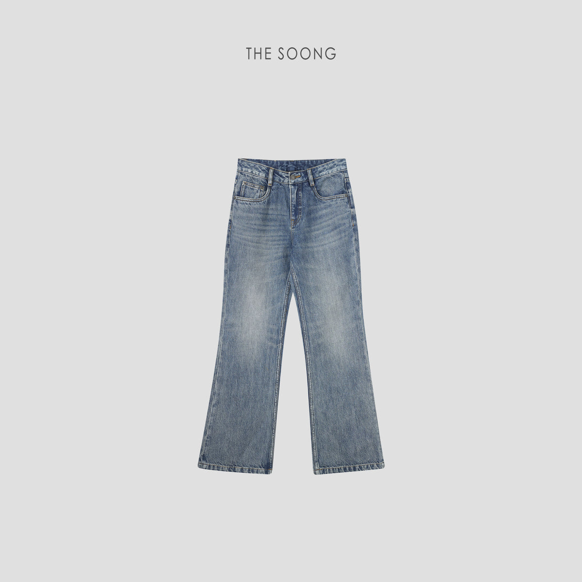 THESOONG/Classic Enzyme Washed Hand-Rubbed Cat Whisker Non-Stretch Mid-Waist Flared Jeans for Women 7325