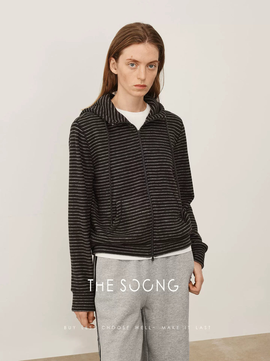THESOONG / Wool and Fleece Self-Heating Shrink Temperature Adjustable Zipper Hoodie Striped Short Cardigan Sweatshirt Jacket for Women