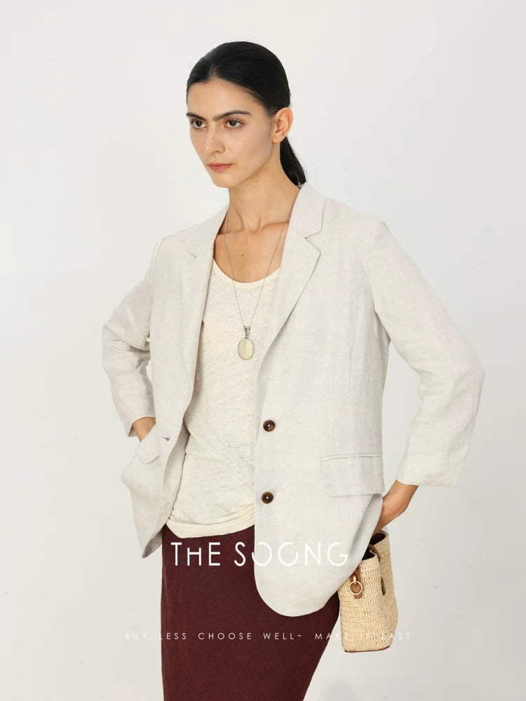 THESOONG/Cool-feel blazer summer pure natural linen naturally wrinkled texture three-quarter sleeve blazer for women 6652