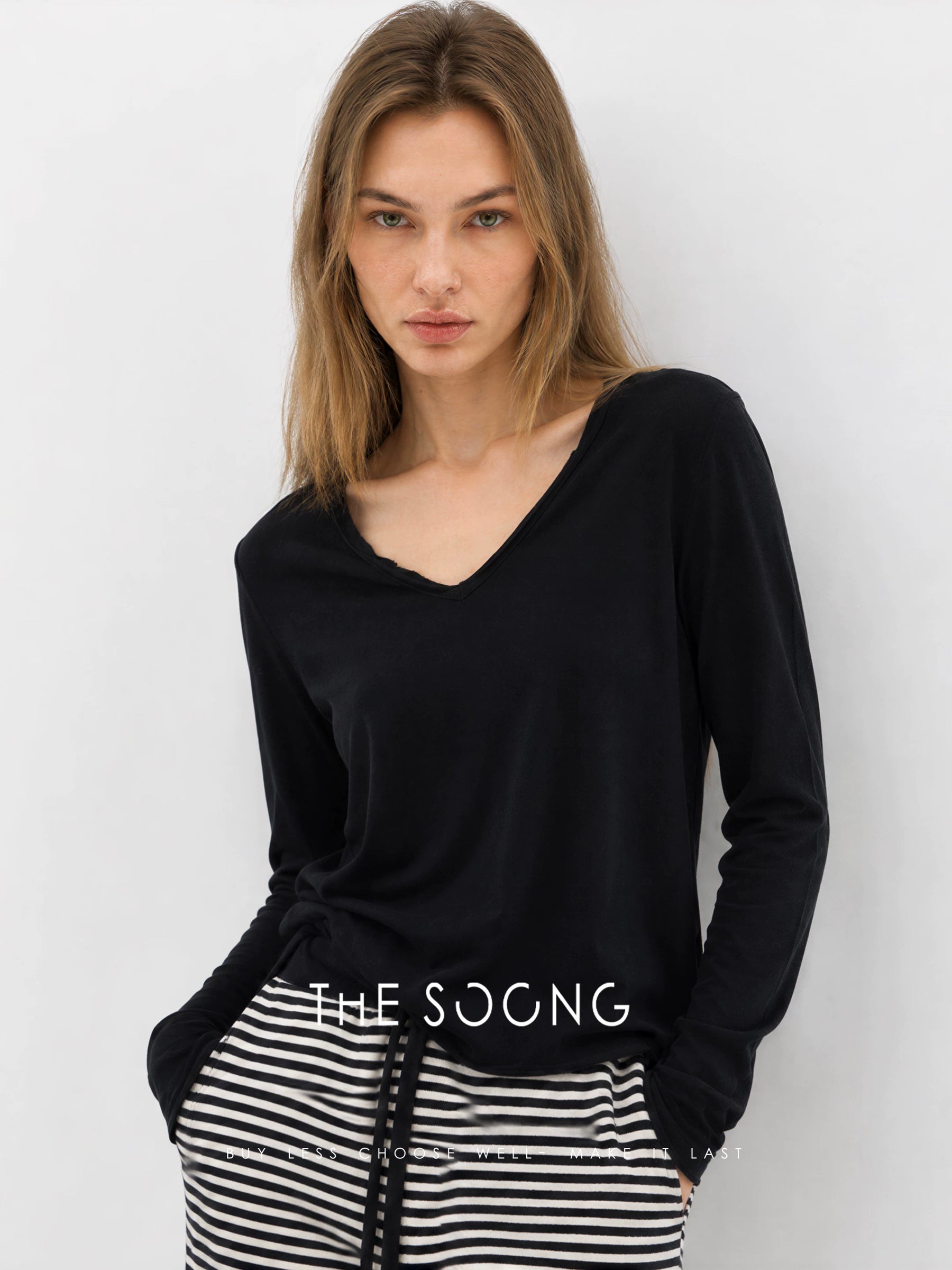 THESOONG/Snow Velvet Early Autumn New Pure Cotton Brushed Soft V-Neck Long-Sleeve Base Shirt Top for Women 9047