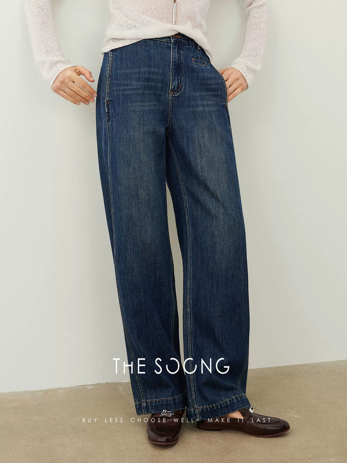 THESOONG/Vintage Non-Stretch Curved Knife Jeans for Women, Loose Fit, Distressed, Anti-wrinkle, Wear-Resistant Long Pants HWNZ7582