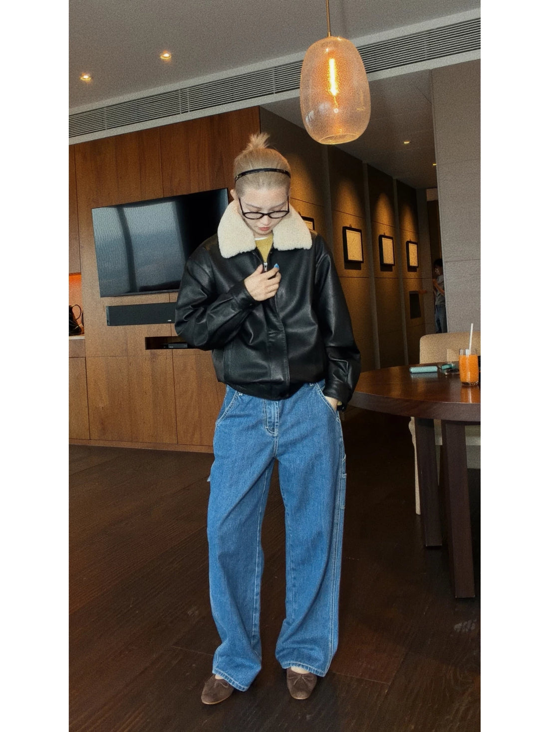THESOONG/Haili Leather Jacket Retro High-End Wool Collar Detachable Non-Coated Leather Jacket for Women 9148