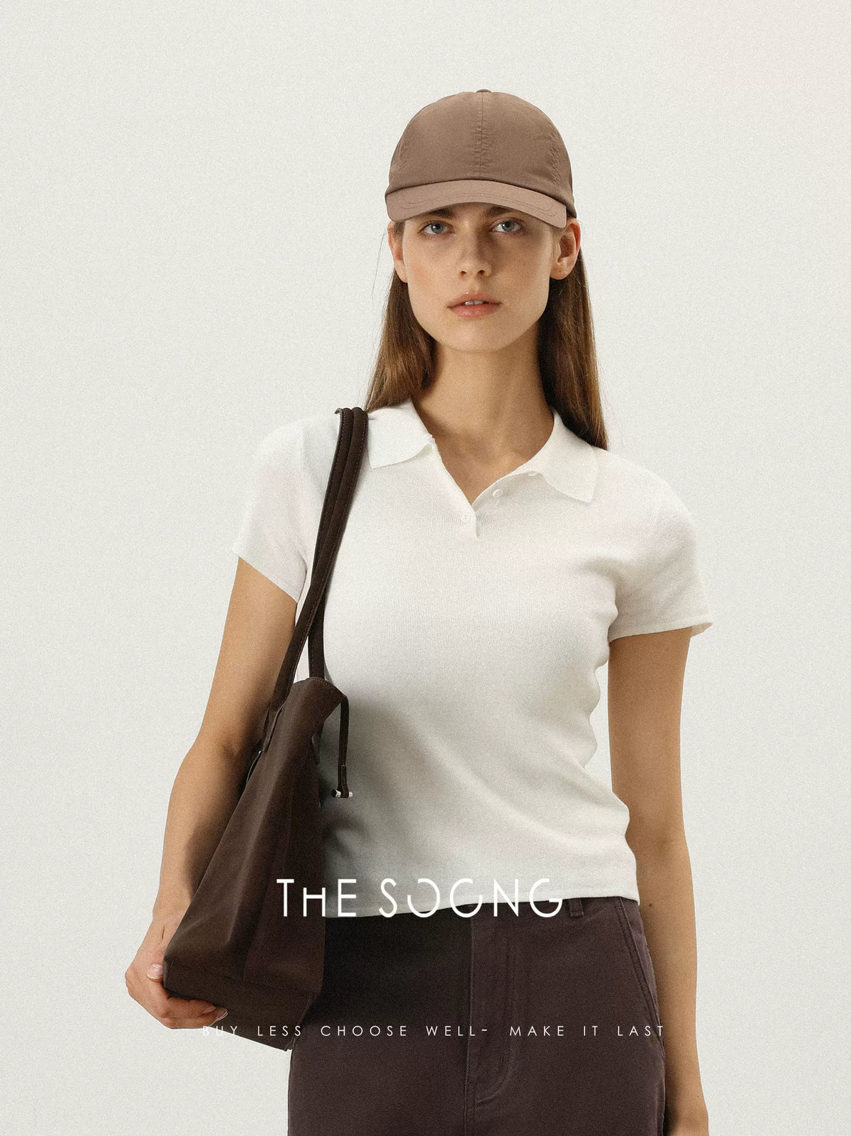 THESOONG / 100% pure cotton double-yarn interwoven women's short sleeve T-shirt, versatile polo Henry shirt 7375