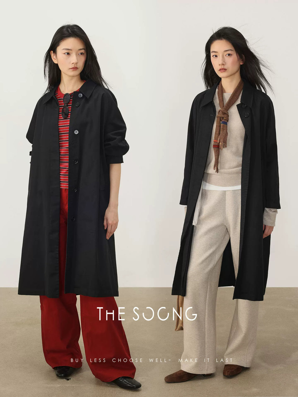 THESOONG/airport trench coat, heavily washed and softened twill pure cotton black autumn winter new trench coat for women