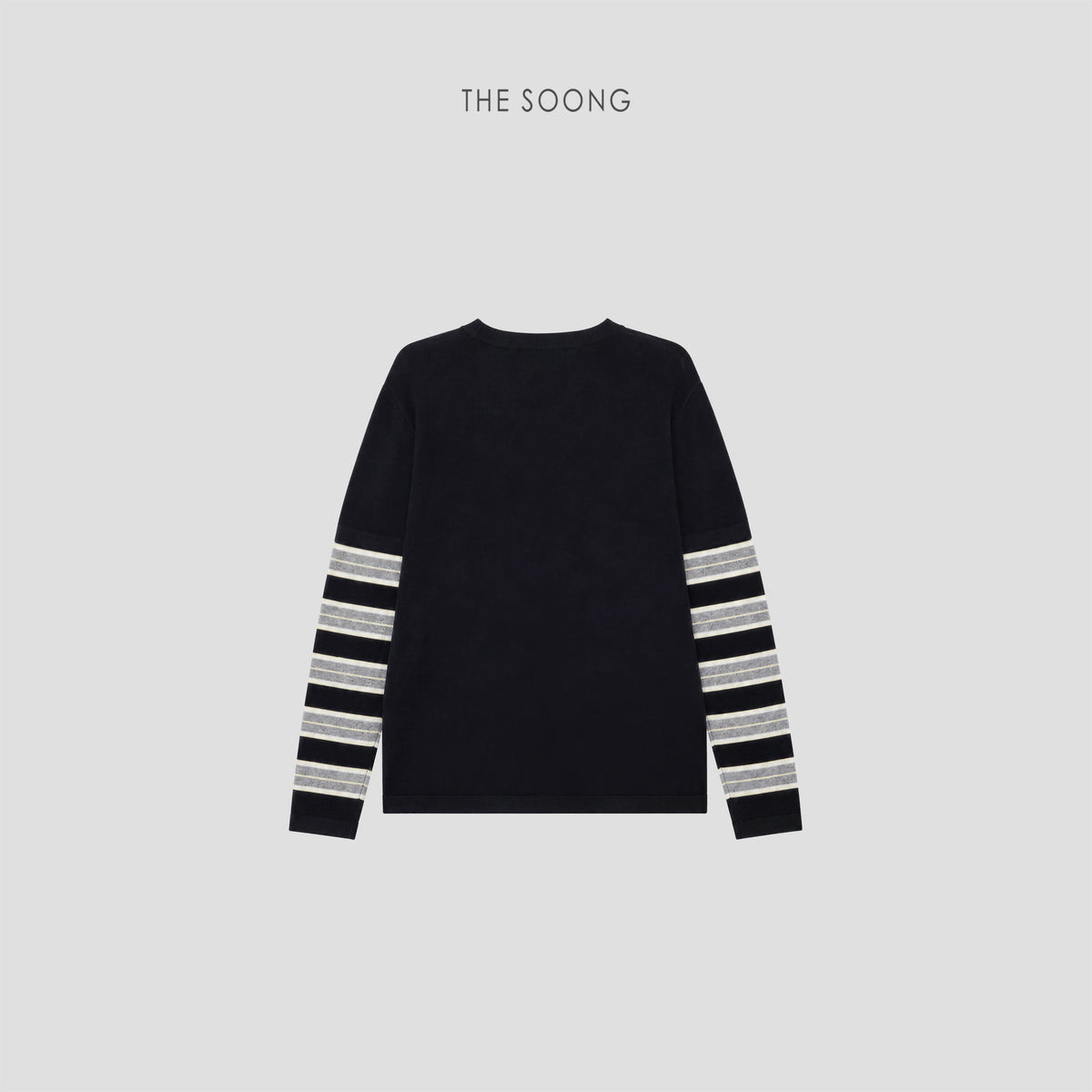 THESOONG/Twilight Blue Layer 100% Australian Merino Wool Crew Neck Loose Two-in-One Look Striped Sweater for Women 9246