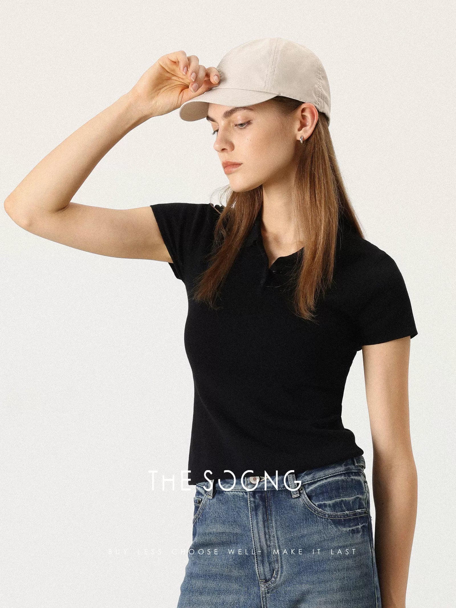 THESOONG / 100% pure cotton double-yarn interwoven women's short sleeve T-shirt, versatile polo Henry shirt 7375