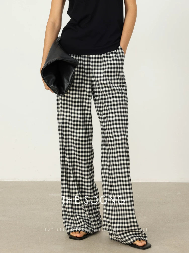 THESOONG/ Vintage British Black-and-White Plaid, Thin Elastic Waist Loose Soft Casual Wide-leg Pants for Women 6623