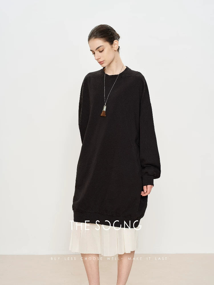 THESOONG/Sweatshirt Skirt: 100% Cotton, High-Support, Skin-Textured Long Loose Crewneck Sweatshirt for Women 5677