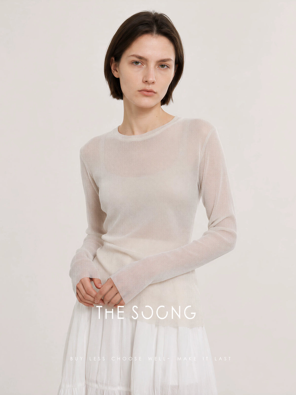 THESOONG/Sparkling Shirt Craft Dense Stitching 12-Needle Silver Thread Blend Stretch Round Neck Long Sleeve Base Shirt 8706