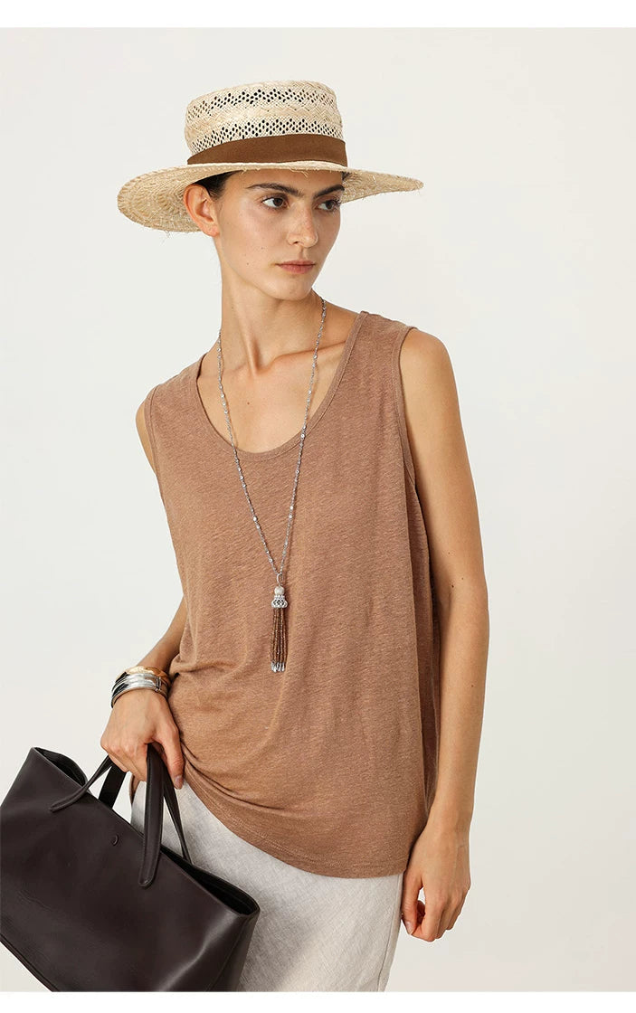 THESOONG/Foggy Light Gauze Summer Pure Linen Lightweight Breathable Texture U-Neck Thin Women's Vest 6826
