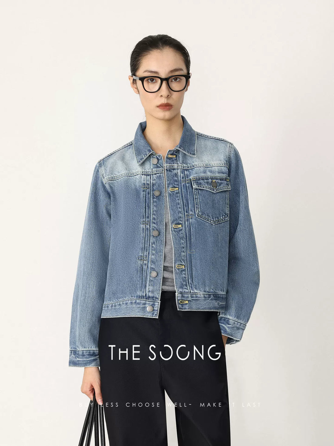 THESOONG/Vintage Washed Blue Denim Jacket for Women, Short Lapel Single-Breasted Casual Jacket HBWT7357
