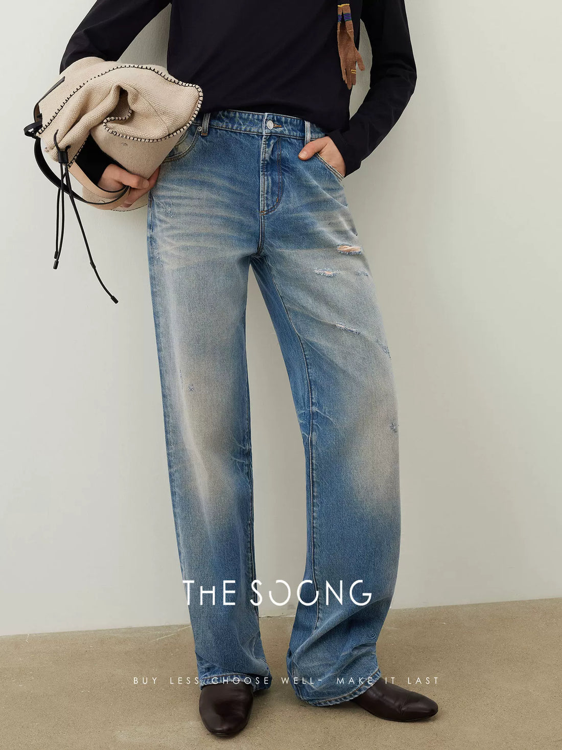 THESOONG/Medieval Distressed Vintage Straight-Leg Jeans Women's Washed Matte White, Non-Stretch Pants HBNZ7473